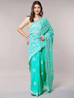 Lucknow Chikankari Georgette Saree: Aqua-Green with Detailed Paisley & Floral Embroidery