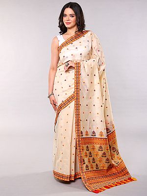 Saree with Woven Traditional Assamese Inspired Motifs Pallu and Patchwork Border