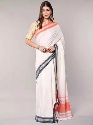 Traditional White Cotton Saree with Contrast Temple Border