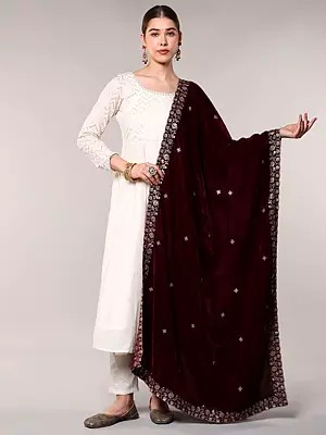 Velvet Dupatta with Intricate Zari Floral Border and Scattered Bootis