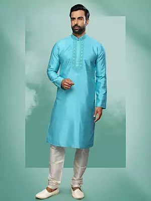 Men's Art Silk Blend Kurta Pajama Set with Embroidered on the Neck | Traditional Ethnic Wedding Wear