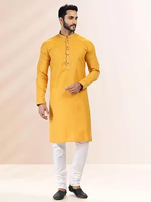 Designer Cotton Straight Kurta with Pintuck Detail & Banarasi Art Silk Elastic Pant for Men