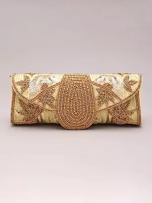Clutch Bag with Densely Embroidered Beads and Sequins on All-Over and Detachable Shoulder Chain