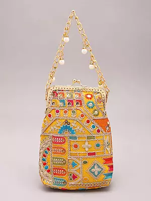Clutch Hand Bag with Detachable Chain and Zari-Sequins Embroidered Floral Motifs