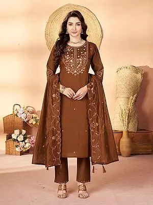 Art Silk Straight Suit Set with Floral Neckline Embroidery and Scalloped Dupatta