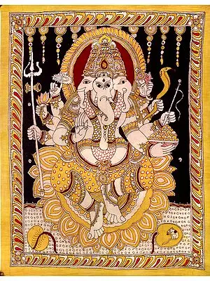 Trimukha Cosmic Ganesha With Eight Arms