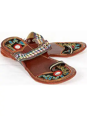 Cherry Embroidered Chappals with Mirrors