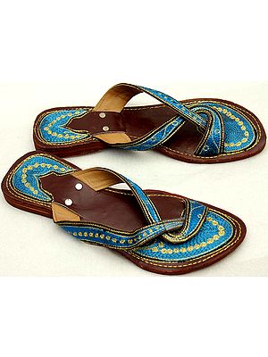 Turquoise Chappals with Thread-Embroidery