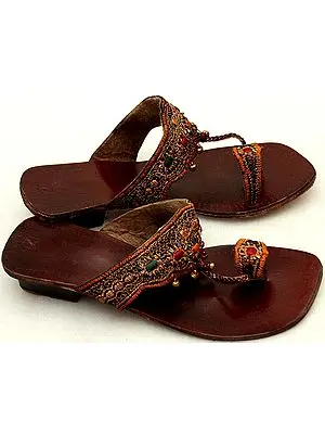 Brown Sandals with Thread-Embroidery
