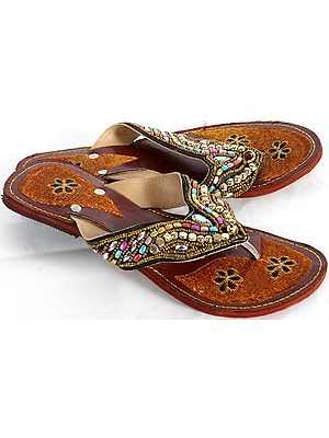 Beaded Sandals with Floral Embroidery