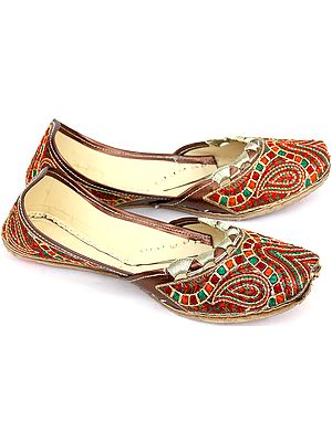 Brown Mojaris with Multi-color Embroidery and Paisley