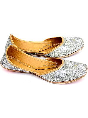 Silver-Color Mojaris with Embroidery