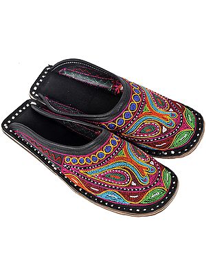 Black Phulkari Slippers with Aari-Embroidery in Multi-Color