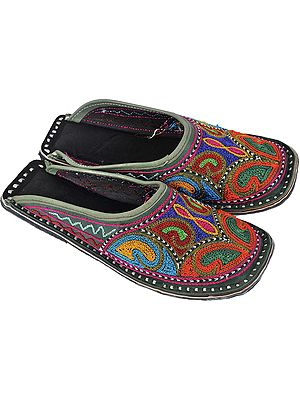 Green Slippers with Multi-Color Aari Embroidery All-Over