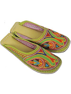 Lime-Green Slippers with All-Over Aari-Embroidery