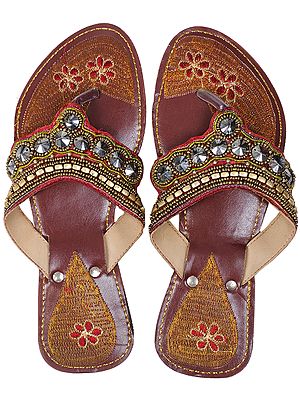 Madder-Brown Fancy Sandals with Floral Embroidery and Beadwork