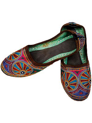 Skipper-Blue Jootis with Multi-Colored Phulkari Embroidery