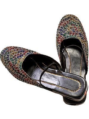 Black Slip-on Sandals with Multicolored Floral Embroidery