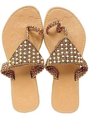 Toasted-Almond Slippers with Embroidered Beads and Faux Pearl
