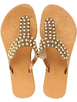 Indian-Tan Slippers with Beads-Embroidered Straps