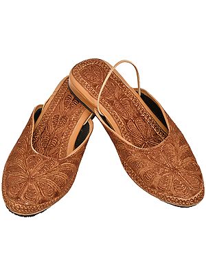 Thrush-Brown Slip-on Sandals with Floral-Embroidery
