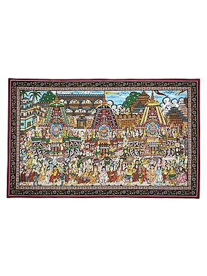 39" x 24" Devotees Worship at Jagannath Puri Temple Patachitra Painting | Handmade | Traditional Color | Jagannath Patachitra Paintings | Made in India