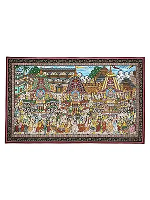 39" x 24" Devotees Worship at Jagannath Puri Temple Patachitra Painting | Handmade | Traditional Color | Jagannath Patachitra Paintings | Made in India