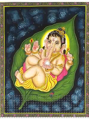 Baby Ganesha Lying on a Pipal leaf Floating in the Cosmic Ocean