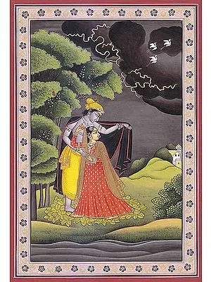 Krishna Protects Radha from the Tyrbulent Rains