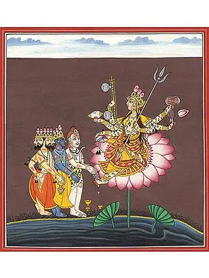 Goddess Indrakshi on a Lotus Venerated by Trinity