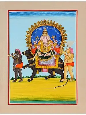 Lord Ganesha Seated on His Vehicle Rat Attended by Shiva Ganas