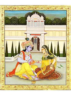 Krishna Painting the Hands of Radha (Embossed With 24 Karat Gold)