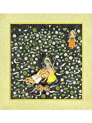 Lord Vishnu Slays Rajoguna and Sattvaguna, Even as Yoga Nidra The Great Goddess Looks On (From the Devi Mahatmya)