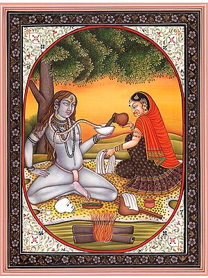 Parvati Offering Lord Shiva His Favorite Drink (The Serpent Gets to It First)