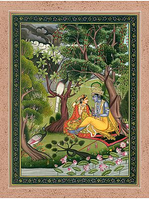 Shri Krishna Braids Radha's Hair in the Grove of Vrindavan