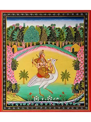 Goddess Saraswati Wearing Sari Seated on Swan