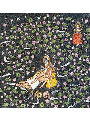Lord Vishnu Kills Madhu and Kaitabh on His Thighs as Yoga Nidra The Great Goddess Looks On (From the Devi Mahatmya)