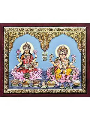 The Supreme Duo of Ganesha and Lakshmi in a Gold Temple Frame