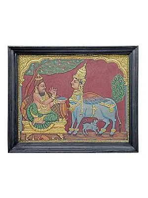 Sage Kashyapa Worshipping Kamadhenu Tanjore Painting | Traditional Colors with 24K Gold | Teakwood Frame