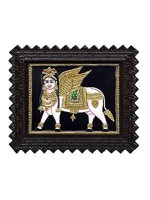 Kamadhenu - The Wish Fulfiling Cow Tanjore Painting | Traditional Colors With 24K Gold | Teakwood Frame | Gold & Wood | Handmade | Made In India