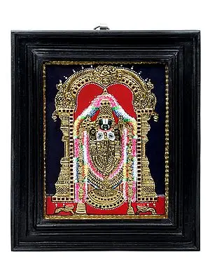 Lord Venkateshvara Balaji Tanjore Painting | Traditional Colors with 24K Gold | Teakwood Frame