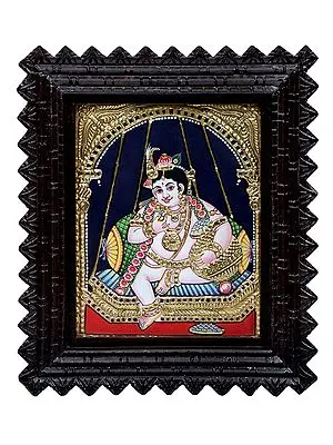 Butter Krishna Tanjore Painting | Traditional Colors With 24K Gold | Teakwood Frame | Gold & Wood | Handmade | Made In India