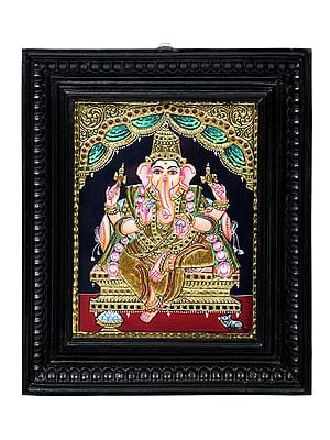 Bhagawan Ganesha Tanjore Painting | Traditional Colors With 24K Gold | Teakwood Frame | Gold & Wood | Handmade | Made In India