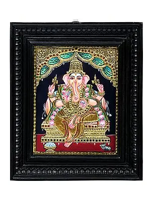 Bhagawan Ganesha Tanjore Painting | Traditional Colors with 24K Gold | Teakwood Frame