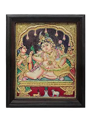 Navaneeta Krishna Tanjore Painting | Traditional Colors With 24K Gold | Teakwood Frame Handmade | Made In India
