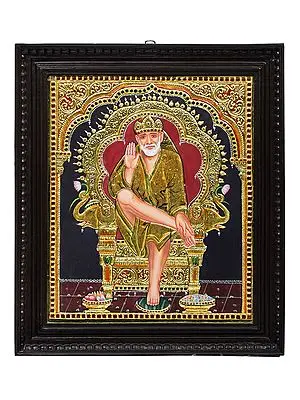 Shirdi Sai Baba Tanjore Painting | Traditional Colors With 24K Gold | Teakwood Frame | Gold & Wood | Handmade | Made In India