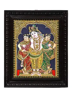 Krishna with his Queens Tanjore Painting | Traditional Colors With 24K Gold | Teakwood Frame | Gold & Wood | Handmade | Made In India