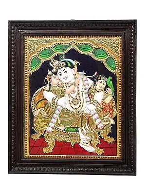 Shri Krishna with Rukmini and Satyabhama Tanjore Painting | Traditional Colors With 24K Gold | Teakwood Frame | Gold & Wood | Handmade | Made In India