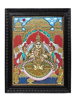 Padmasana Gajalakshmi Tanjore Painting | Traditional Colors With 24K Gold | Teakwood Frame | Gold & Wood | Handmade | Made In India