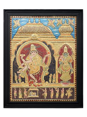 Large Dancing Shiva with Devi Parvati Tanjore Painting | Traditional Colors With 24K Gold | Teakwood Frame | Gold & Wood | Handmade | Made In India